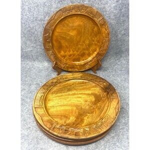 Vintage Wood Carved Charger 9.5" Plates Set of 4 Phillipines Handmade